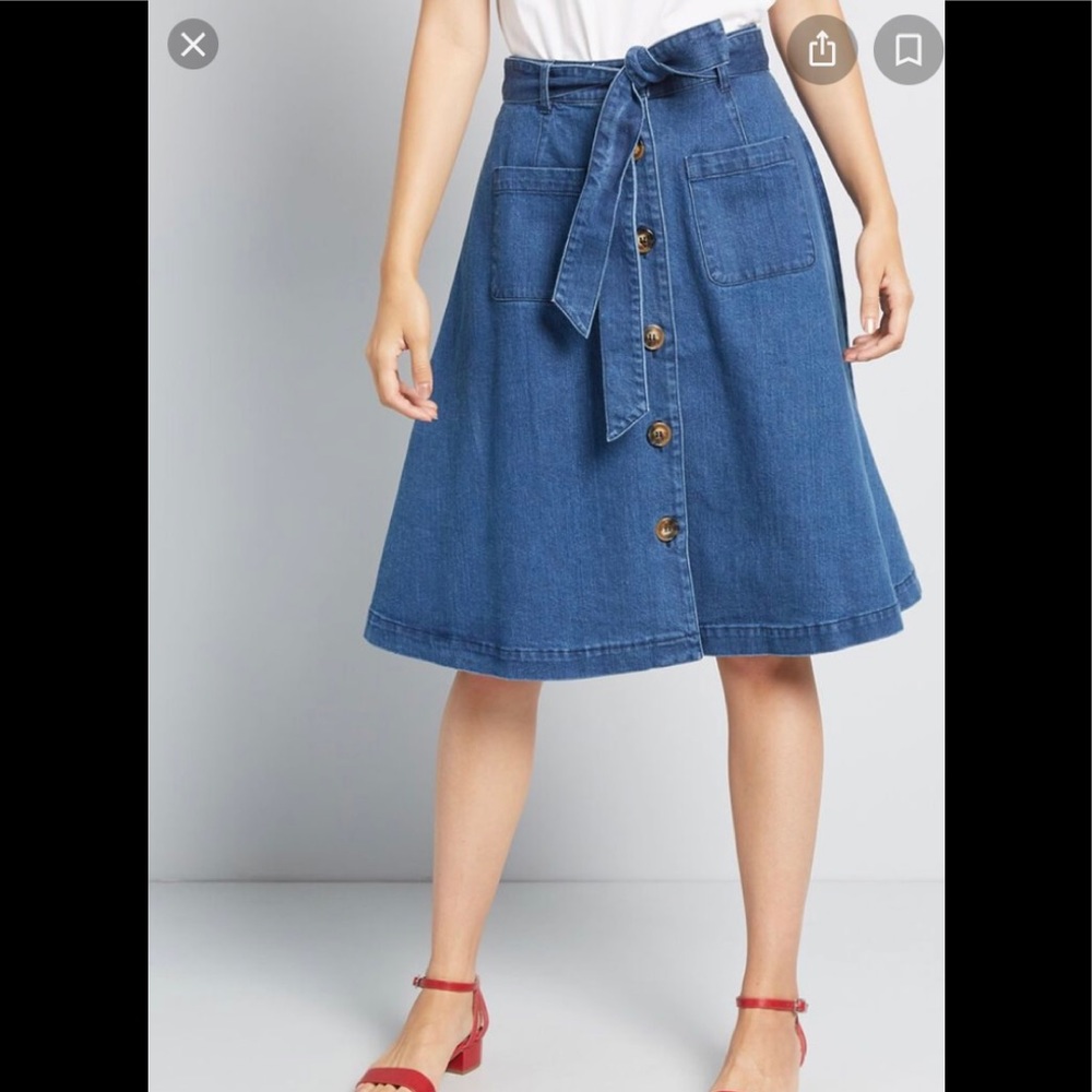 A-line button jean skirt with removable belt, size 14, ModCloth